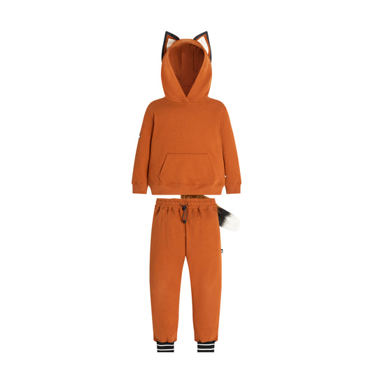 FOXDO Sweatsuit front view — rust fox hoodie with ears on the hood and a kangaroo pocket, with matching joggers.