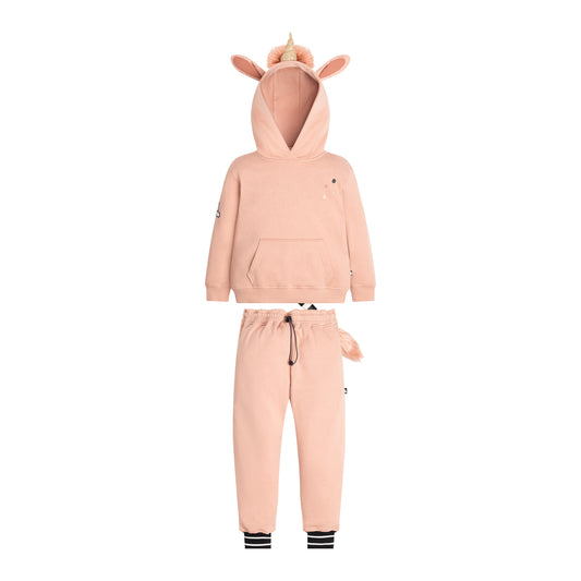 UNIDO Sweatsuit front view — dusty pink unicorn hoodie with a kangaroo pocket and matching joggers.