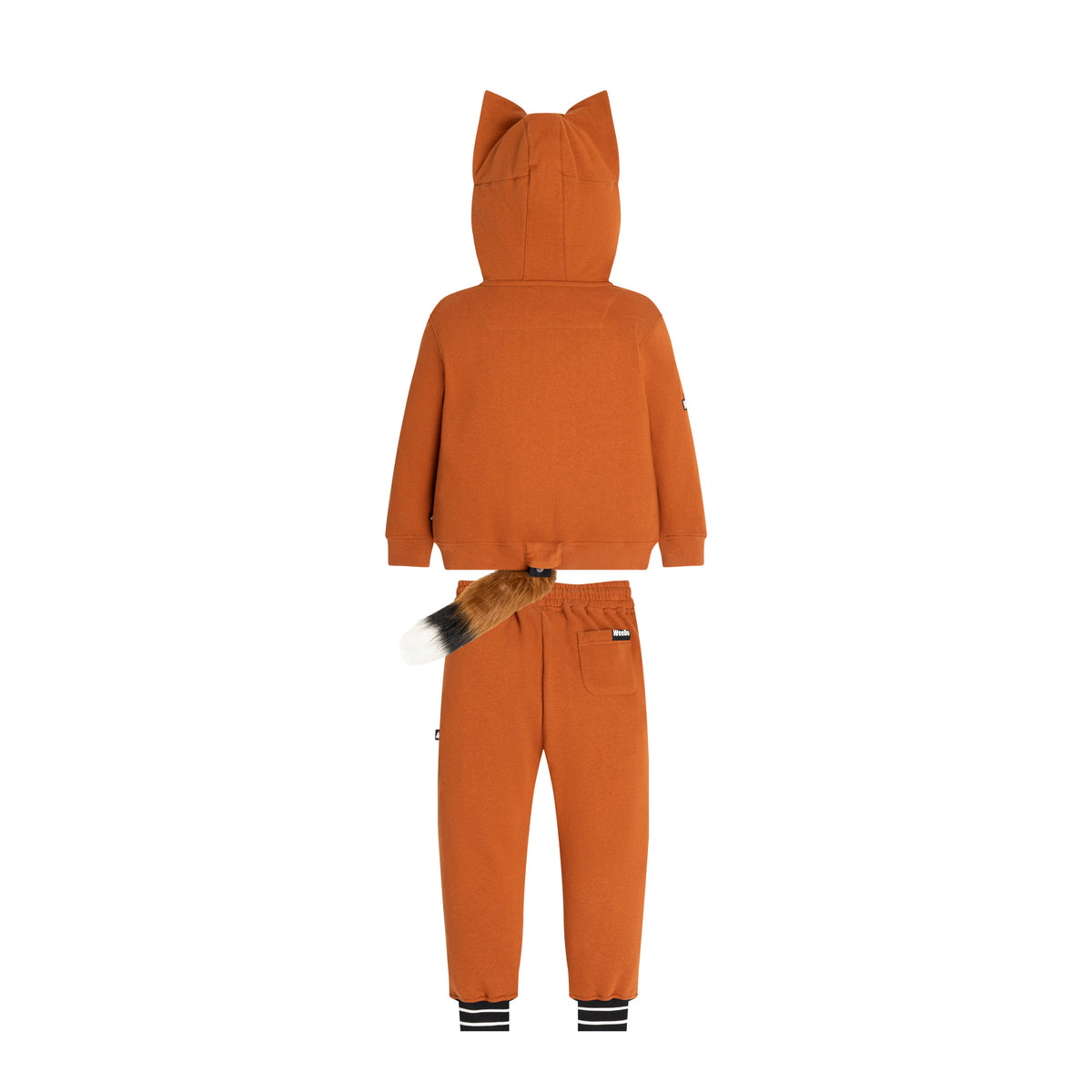 FOXDO Sweatsuit back view — plain rust hoodie with the detachable fox tail on the back of the joggers.