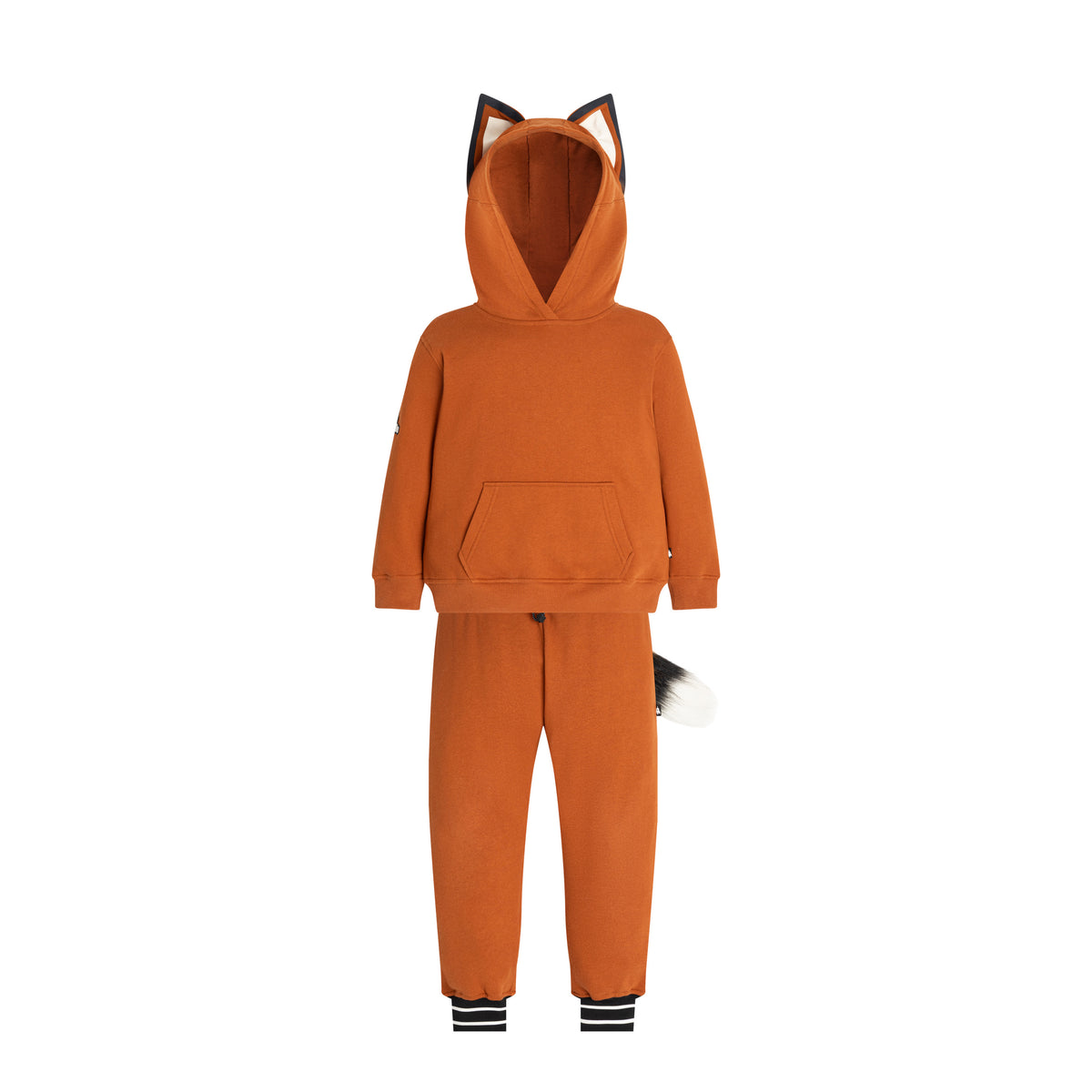 The full FOXDO Sweatsuit set front-on, showing the fox ears on the hood and striped ribbed ankle cuffs.