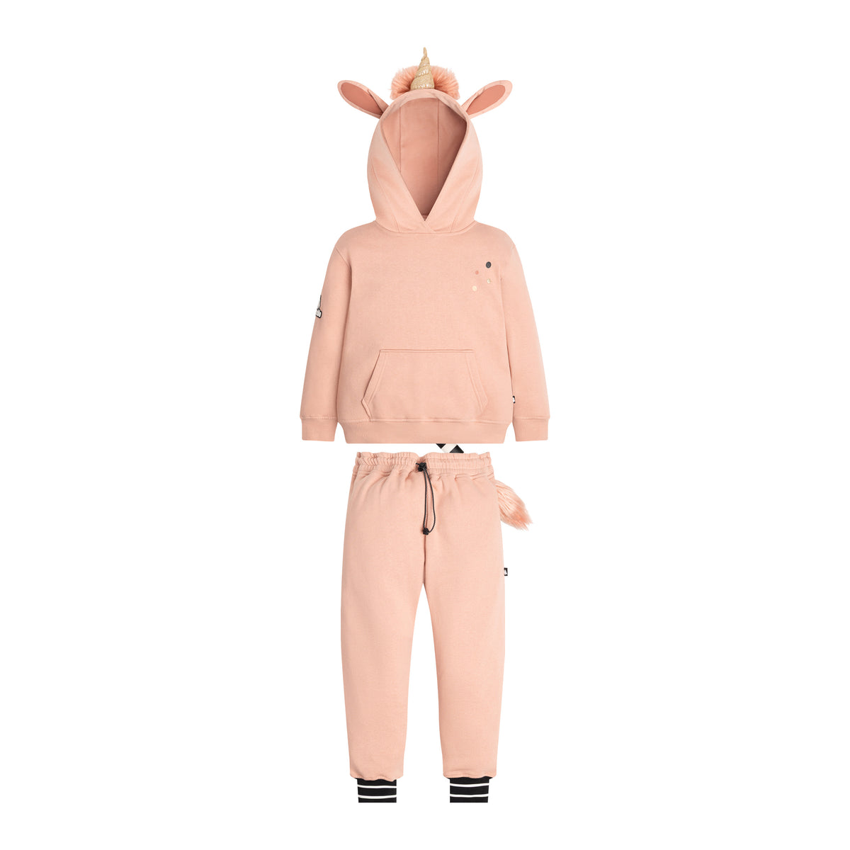 UNIDO Sweatsuit front view — dusty pink unicorn hoodie with a kangaroo pocket and matching joggers.