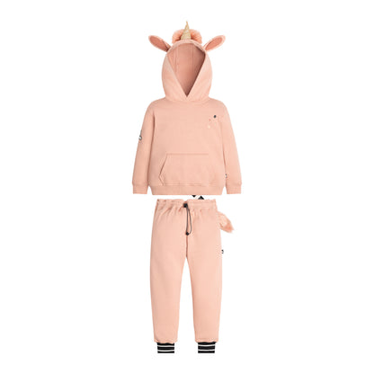 UNIDO Sweatsuit front view — dusty pink unicorn hoodie with a kangaroo pocket and matching joggers.