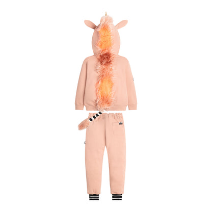 UNIDO Sweatsuit back view — faux-fur mane down the hood and the detachable tail on the joggers.