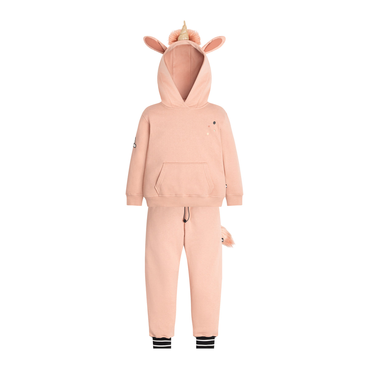 The full UNIDO Sweatsuit set front-on, showing the unicorn ears, horn and striped ribbed ankle cuffs.