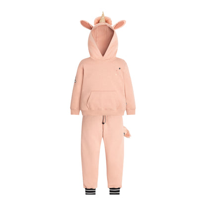 The full UNIDO Sweatsuit set front-on, showing the unicorn ears, horn and striped ribbed ankle cuffs.