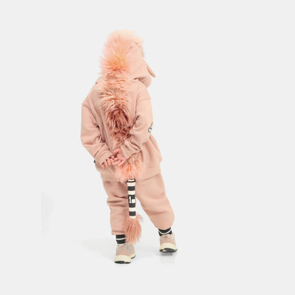 Child seen from behind in the UNIDO Sweatsuit, faux-fur mane running down the back of the hood.